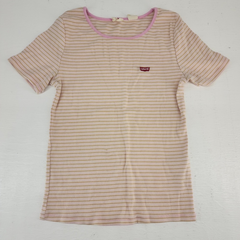 Levi's Medium | Pink Tan Striped Ribbed Knit Baby Tee Shirt Y2K